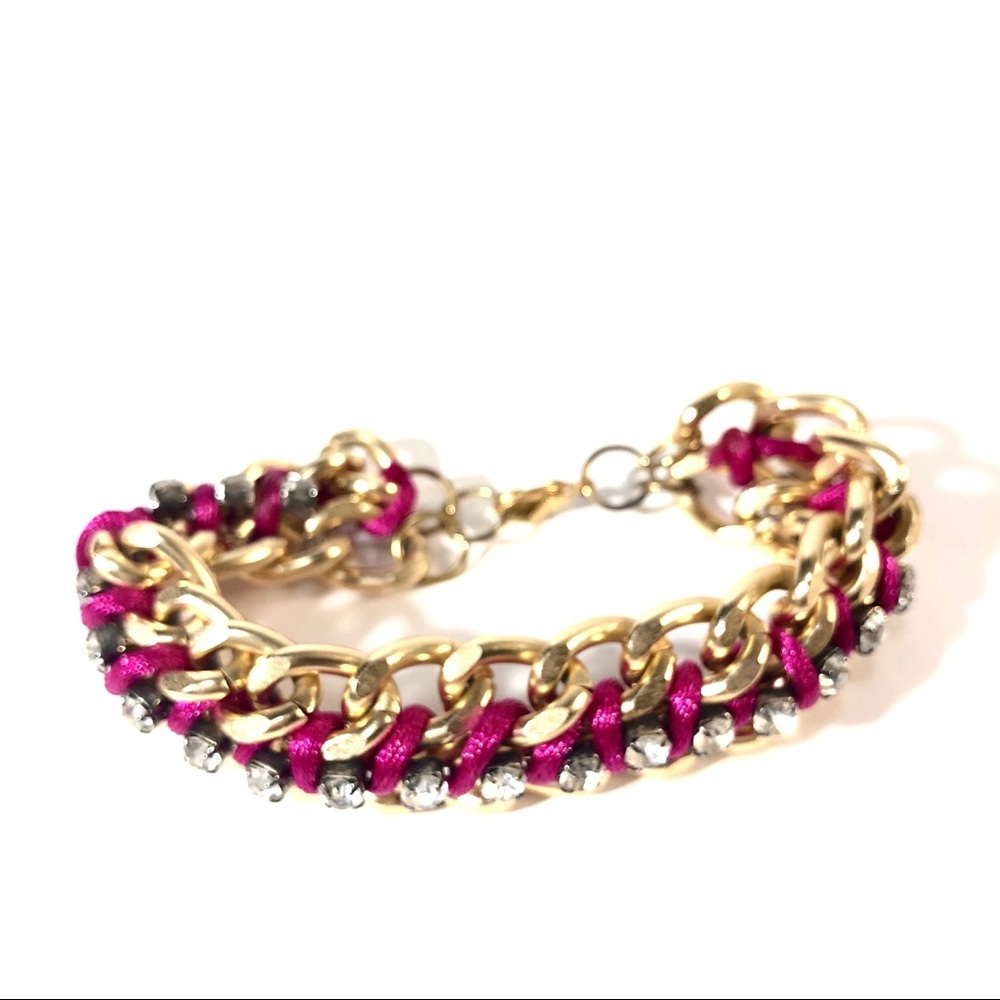 Gold Chain Bracelet Boho Pink Ribbon Rhinestones